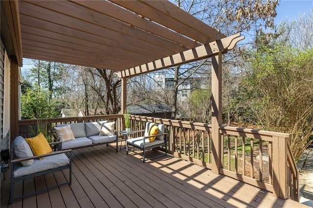 deck featuring outdoor lounge area and a pergola