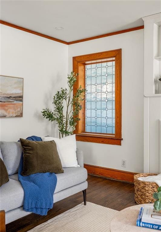 living area featuring ornamental molding, wood finished floors, and baseboards