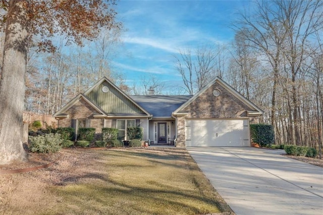 single story home featuring a garage and a front lawn