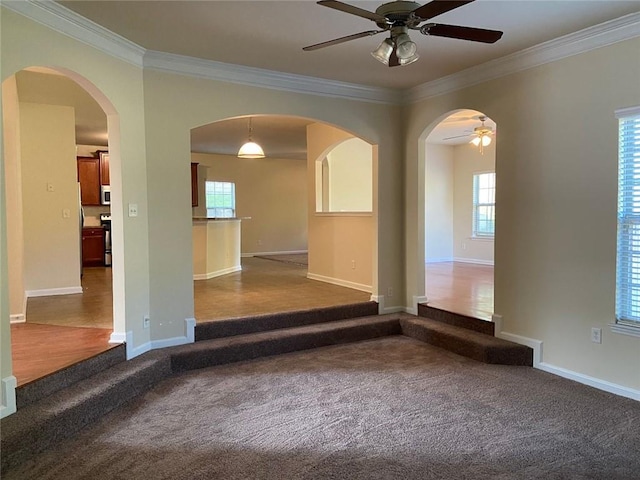 carpeted spare room featuring ornamental molding and ceiling fan