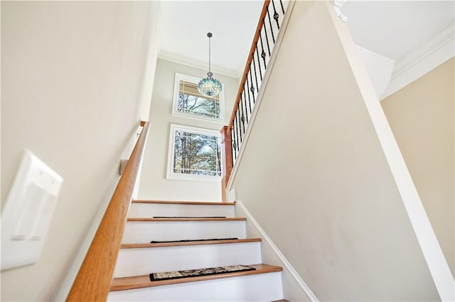 staircase featuring a high ceiling and ornamental molding