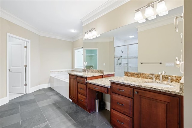 full bathroom with a stall shower, a garden tub, vanity, and crown molding