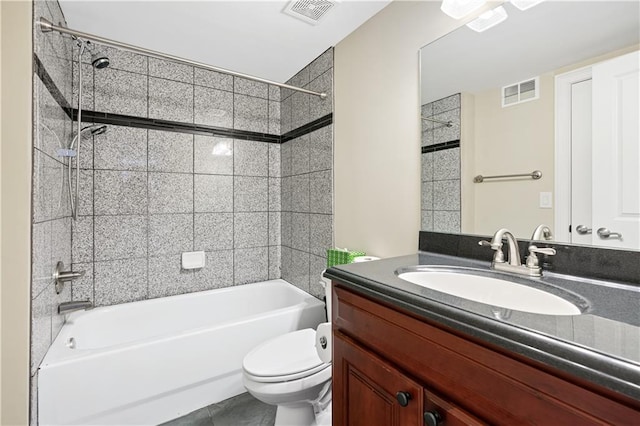 bathroom with toilet, shower / bathing tub combination, vanity, and visible vents