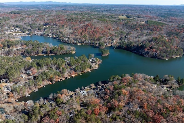 aerial view featuring a water view and a wooded view