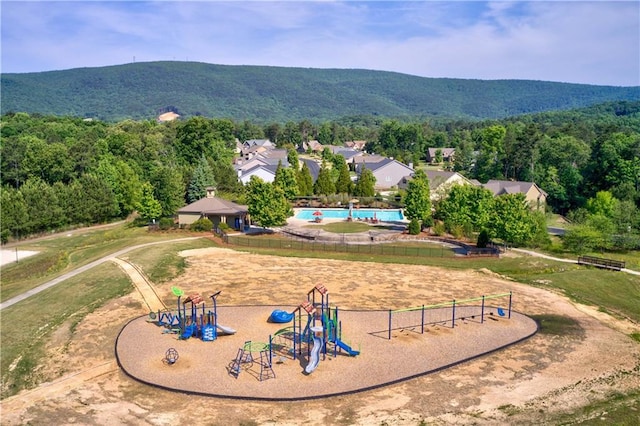 birds eye view of property with a mountain view