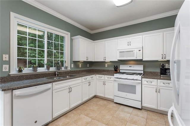 475 Chippenham Ct, Alpharetta, GA 30005 - kitchen featuring white appliances, white cabinetry, ornamental molding, and dark stone counters