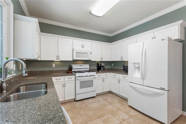 475 Chippenham Ct, Alpharetta, GA 30005 - kitchen with white appliances, crown molding, white cabinets, dark stone countertops, and light tile patterned floors