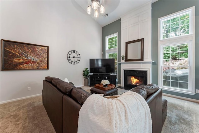 475 Chippenham Ct, Alpharetta, GA 30005 - living area with carpet floors, a ceiling fan, a fireplace, and high vaulted ceiling