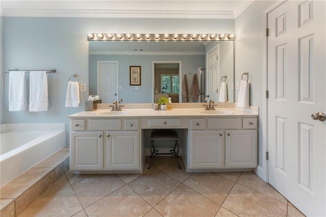 475 Chippenham Ct, Alpharetta, GA 30005 - full bath with double vanity, a bath, crown molding, and tile patterned flooring