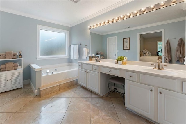 475 Chippenham Ct, Alpharetta, GA 30005 - ensuite bathroom with double vanity, plenty of natural light, a garden tub, crown molding, and tile patterned flooring