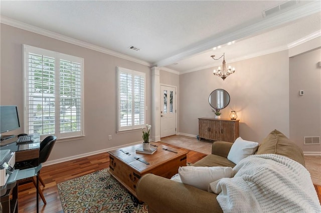 475 Chippenham Ct, Alpharetta, GA 30005 - living area with crown molding, a chandelier, wood finished floors, and an office area