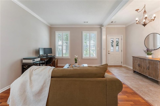 475 Chippenham Ct, Alpharetta, GA 30005 - living area with a chandelier, crown molding, and wood finished floors