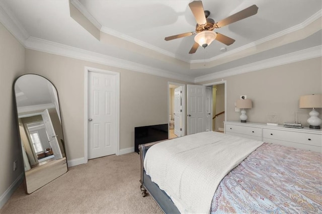 3937 Covey Flush Ct SW Unit 25, Smyrna, GA 30082 - bedroom with a raised ceiling, light carpet, ornamental molding, baseboards, and a ceiling fan