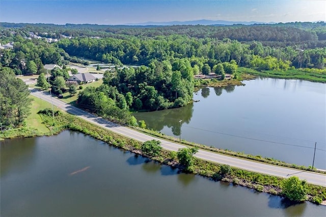 drone / aerial view featuring a water view and a view of trees