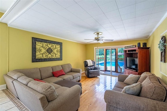 268 Tuck St, Cedartown, GA 30125 - living area featuring crown molding, ceiling fan, baseboards, and wood finished floors