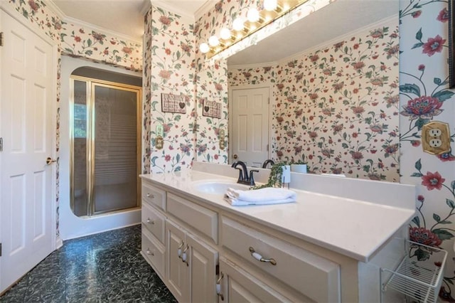 268 Tuck St, Cedartown, GA 30125 - full bathroom with wallpapered walls, ornamental molding, vanity, and a stall shower