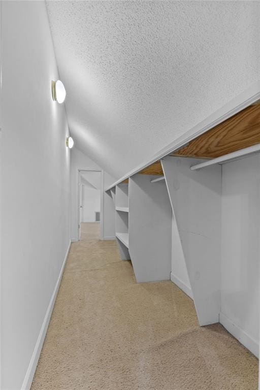 spacious closet with lofted ceiling and light colored carpet