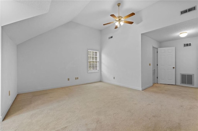 bonus room with lofted ceiling, ceiling fan, and light carpet