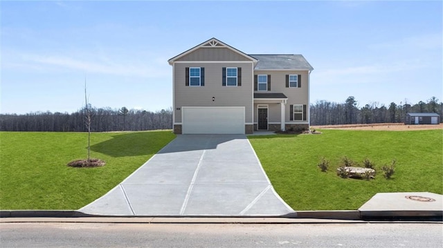 view of front of property with a garage, driveway, a front yard, and board and batten siding