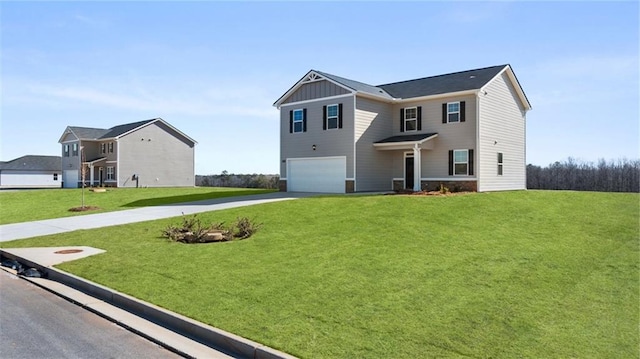 view of front of property with a garage, concrete driveway, a front lawn, and board and batten siding