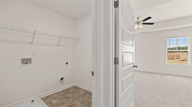clothes washing area featuring hookup for an electric dryer, hookup for a washing machine, baseboards, and ceiling fan