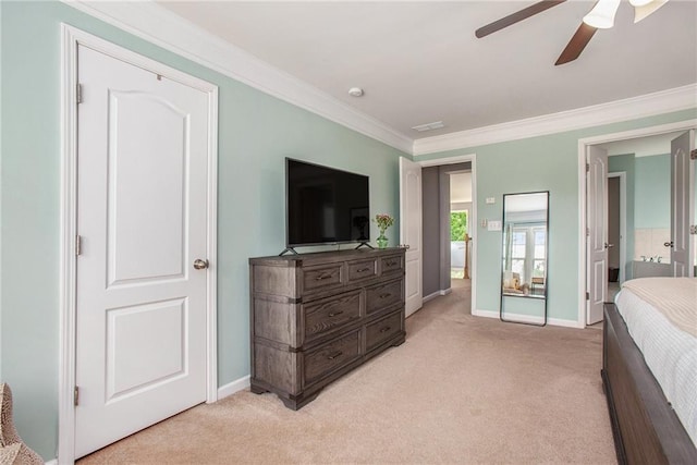 bedroom featuring light colored carpet, baseboards, crown molding, and visible vents