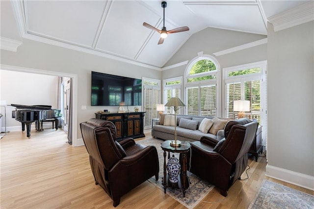 1021 Wetherby Way, Johns Creek, GA 30022 - living room featuring ceiling fan, light wood-style flooring, vaulted ceiling, and baseboards