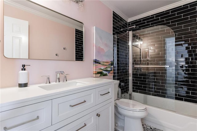 1021 Wetherby Way, Johns Creek, GA 30022 - bathroom featuring crown molding, vanity, toilet, and bathing tub / shower combination