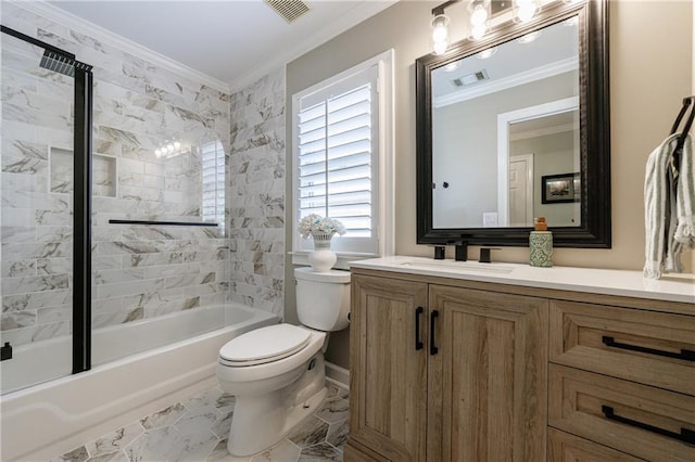 1021 Wetherby Way, Johns Creek, GA 30022 - full bathroom featuring toilet, vanity, shower / bathtub combination, and ornamental molding