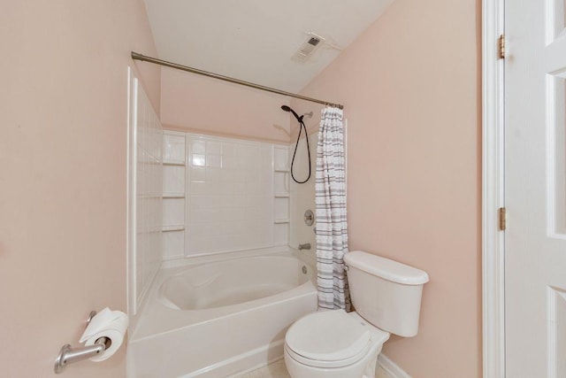 full bathroom featuring toilet, visible vents, and shower / tub combo with curtain