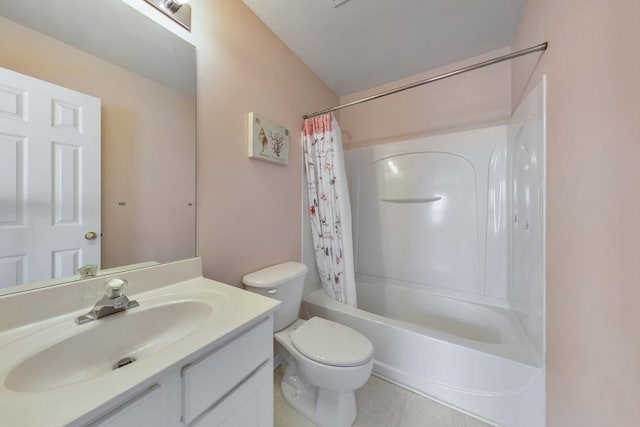 full bathroom with tile patterned flooring, shower / bath combo, vanity, and toilet