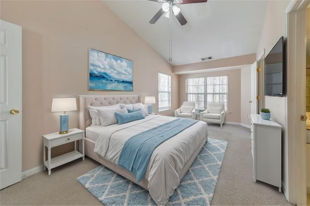 bedroom featuring light colored carpet, visible vents, ceiling fan, high vaulted ceiling, and baseboards