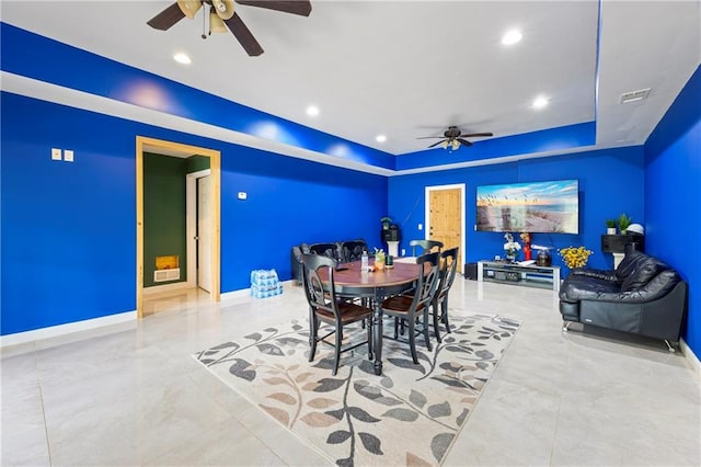 387 Lauren Marie Dr, Braselton, GA 30517 - dining space featuring ceiling fan, a tray ceiling, baseboards, and recessed lighting