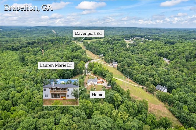 387 Lauren Marie Dr, Braselton, GA 30517 - aerial overview of property's location featuring a heavily wooded area and property parcel outlined