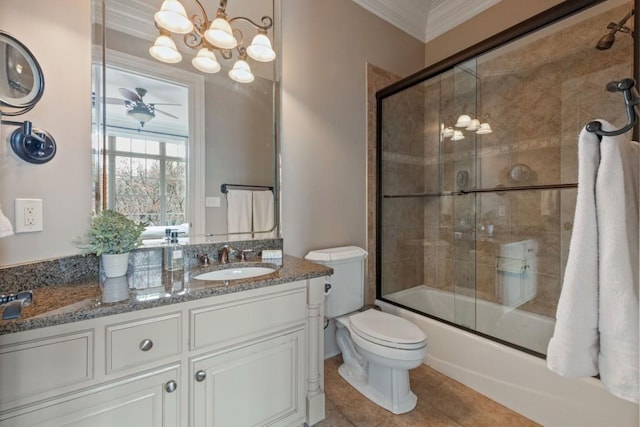 full bath with vanity, enclosed tub / shower combo, ornamental molding, tile patterned floors, and toilet