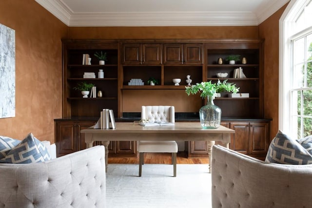 office space with crown molding and wood finished floors