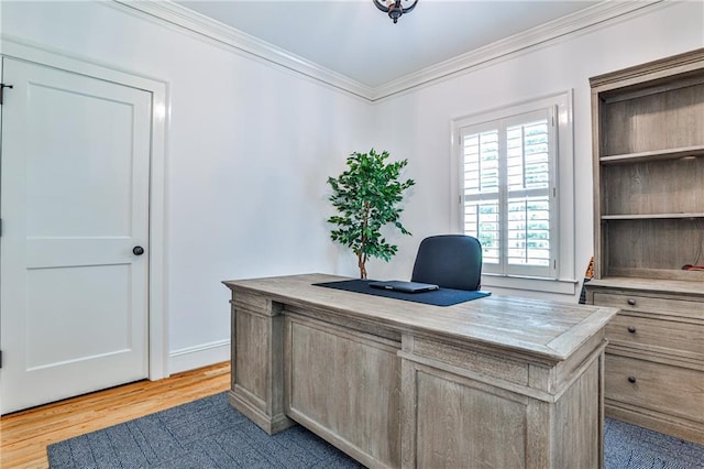 office with wood finished floors and ornamental molding