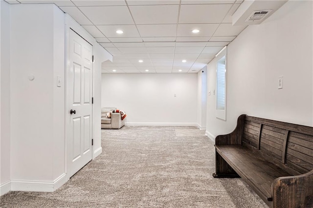 living area featuring visible vents, carpet flooring, and recessed lighting