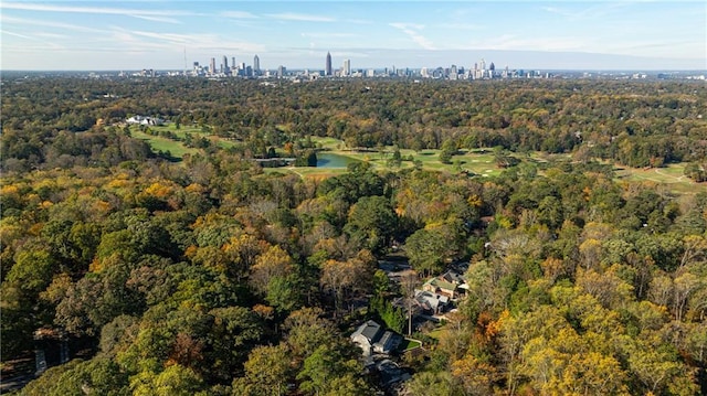 drone / aerial view with a city view, a view of trees, and a water view