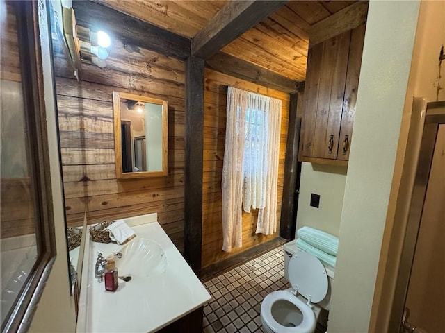5834 Heardsville Rd, Cumming, GA 30028 - bathroom with vanity, wood walls, toilet, wood ceiling, and beamed ceiling