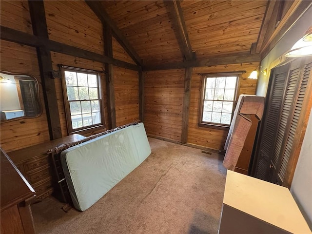 5834 Heardsville Rd, Cumming, GA 30028 - unfurnished bedroom with carpet flooring, wood ceiling, lofted ceiling with beams, and wooden walls
