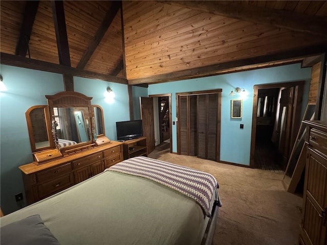 5834 Heardsville Rd, Cumming, GA 30028 - bedroom with light colored carpet, high vaulted ceiling, baseboards, wood ceiling, and beam ceiling