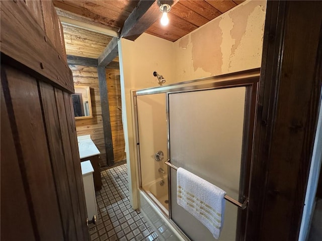 5834 Heardsville Rd, Cumming, GA 30028 - bathroom featuring combined bath / shower with glass door, wooden ceiling, beamed ceiling, and wooden walls