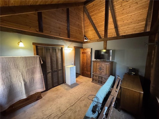5834 Heardsville Rd, Cumming, GA 30028 - unfurnished bedroom featuring wood ceiling, high vaulted ceiling, beamed ceiling, and light colored carpet