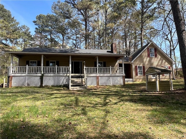5834 Heardsville Rd, Cumming, GA 30028 - exterior space featuring covered porch, a lawn, and a chimney