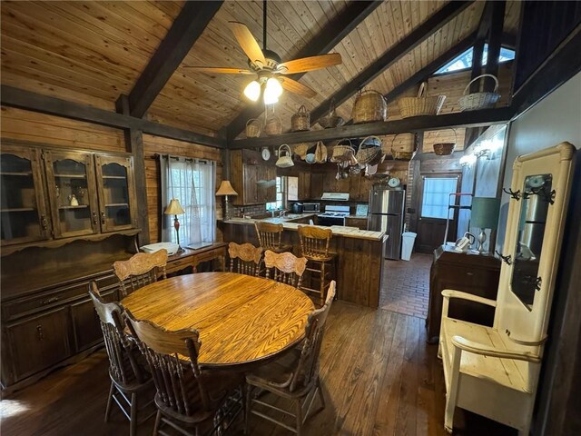 5834 Heardsville Rd, Cumming, GA 30028 - dining room with wooden ceiling, high vaulted ceiling, dark wood-style floors, beam ceiling, and a ceiling fan