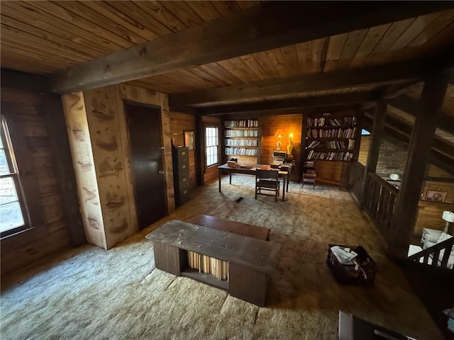 5834 Heardsville Rd, Cumming, GA 30028 - dining space with wood walls, wooden ceiling, and beam ceiling