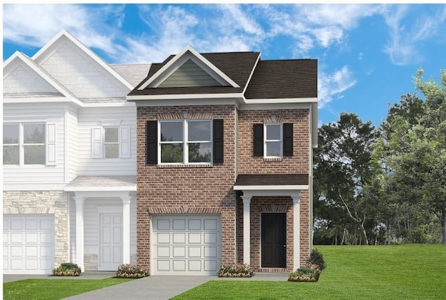 view of front of home with roof with shingles, a front lawn, concrete driveway, a garage, and brick siding