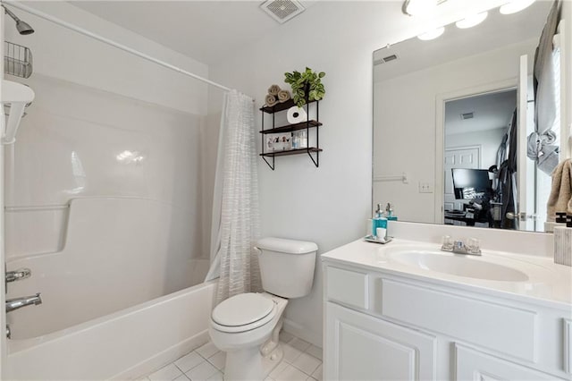 full bath with toilet, shower / tub combo, vanity, visible vents, and tile patterned floors