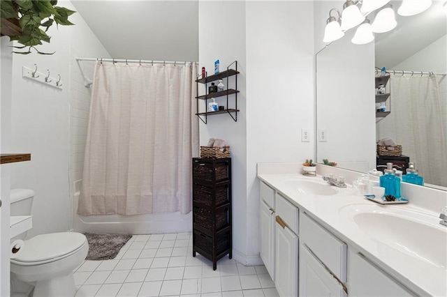 full bathroom with toilet, shower / tub combo, tile patterned flooring, and a sink